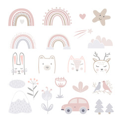 Set of cartoon childhood symbols and icons. Animals heads, flowers, car, stars, and landscape elements for nursery. Scandinavian style vector templates for baby clothes, interior, packaging