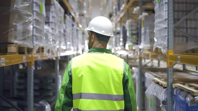 Back view of young man worker walking on industrial warehouse during working day. Caucasian american male empoyee is doing work in storehouse, going along shelves with products. Guy wearing helmet and
