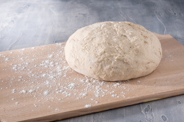 Fresh whole grain wheat dough ready for baking bread or pizza on wooden board with flour.
