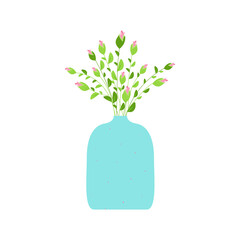 bouquet of unblown roses in a blue vase. Minimalistic isolated image for design of postcards, mailing lists, clothing prints. Vector illustration. Hand-drawn style.