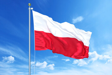 Naklejka na ściany i meble Poland flag waving on a high quality blue cloudy sky, 3d illustration
