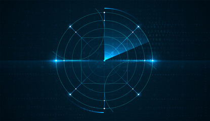 Technological and digital future user interface hud with spinning circles on dark blue background. Realistic radar with targets on monitor in searching. vector illustration design