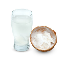 coconut flakes and juice in glass cup isolated on white background ,include clipping path