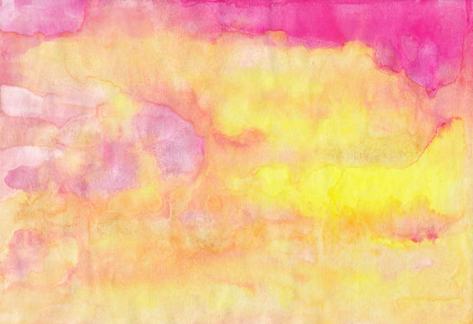 Watercolor texture. Yellow-pink with a metallic effect. Bright, colorful, summer, magic background. Wet paint stains, smudges. Grunge, tie-dye. Hand-drawn. Illustration for designs, backgrounds, print