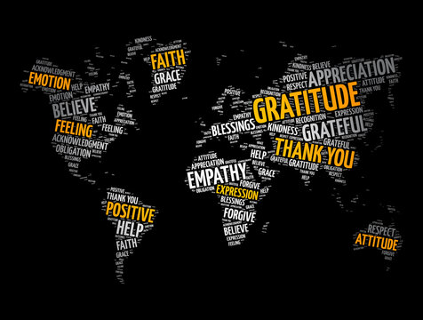 Gratitude word cloud in shape of world map, concept background
