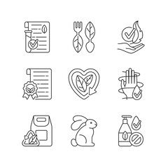 Natural cosmetics linear icons set. Cruelty free. Contemporary beauty industry problems. Customizable thin line contour symbols. Isolated vector outline illustrations. Editable stroke
