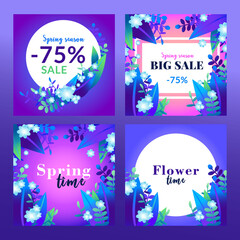 Big sale. Collection of four seasonal spring and summer  square banners with colorful plants, leaves and flowers on pink background. Special offer image