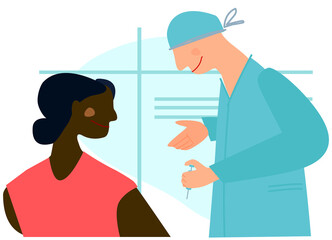 Vaccination time concept. Stop coronavirus concept. Doctor prepairing to inoculate black female patient, making vaccine injection in shoulder. Vector illustration. Banner, poster,social media post