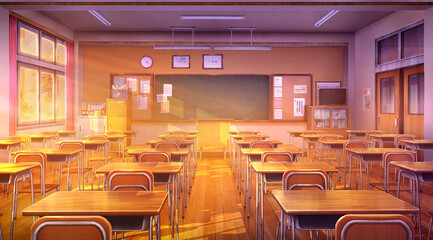 Classroom - Evening, 2D Anime background , Illustration.