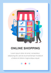 Internet store layout. Online shopping and buying purchases. Man chooses goods on the Internet. Shopping cart guy in application design. Paid program for clothes and shoes remotely vector illustration