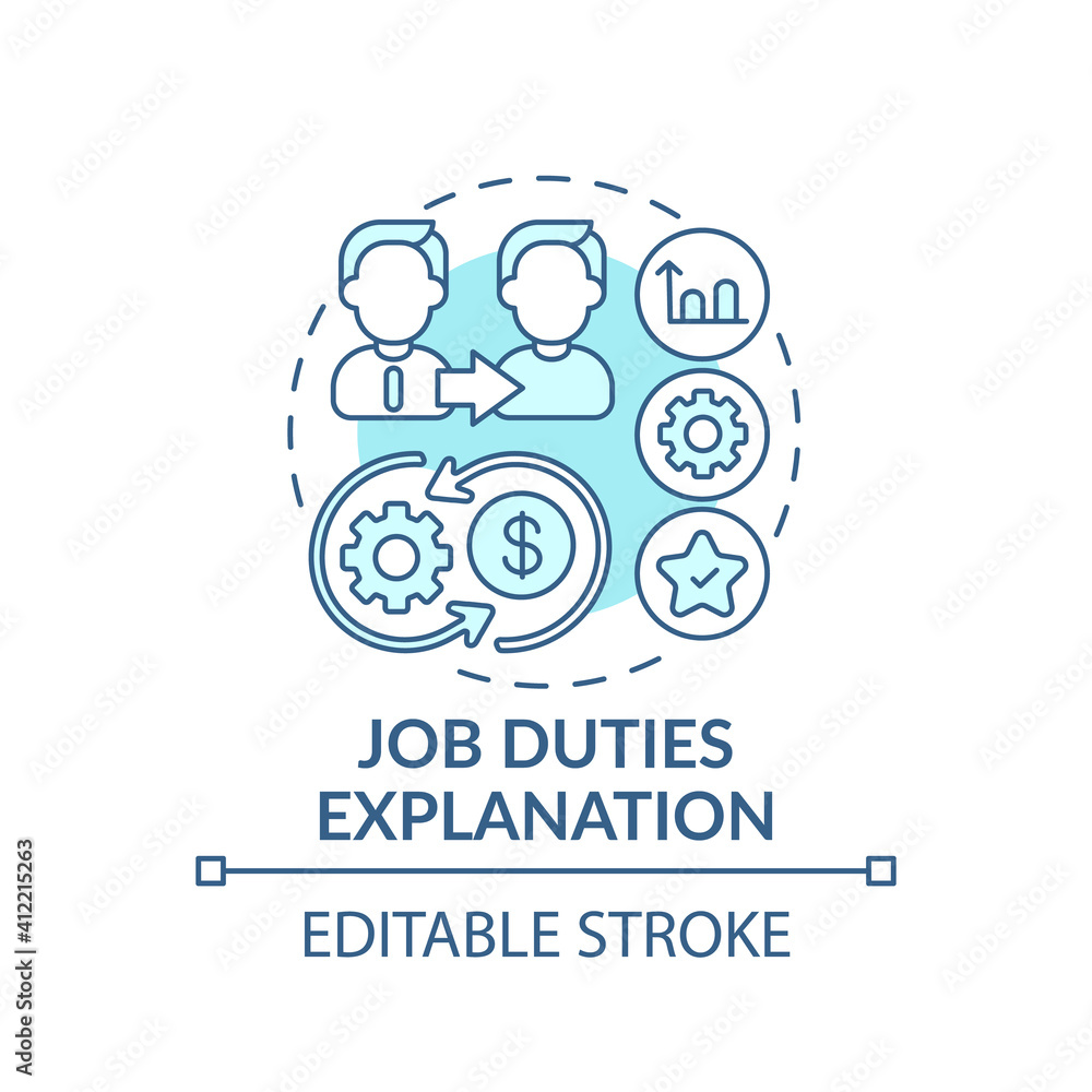 Poster related duties and responsibilities of position concept icon. improve of work mechanism idea thin li