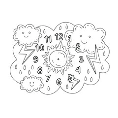 Coloring black and white. Clock with clouds and sun.