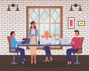 Office staff, employees, negotiations. Business people are sitting at table, using laptops, negotiating. Confident woman stands with her arms crossed over chest. Office room, window, lamps. Flat image