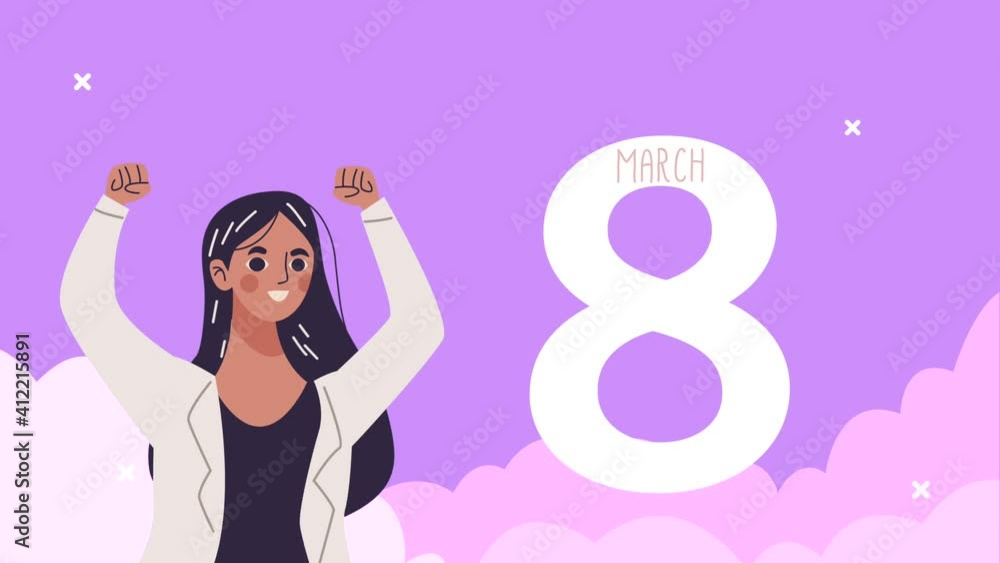 Sticker happy womens day card with happy woman and eight number