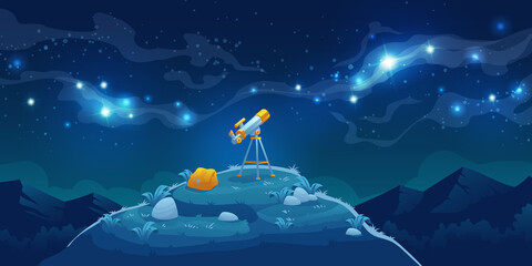 Telescope for science discovery, study astronomy, watching stars and planets in outer space. Vector cartoon landscape with telescope with tripod and backpack on hill, mountains and night starry sky © klyaksun