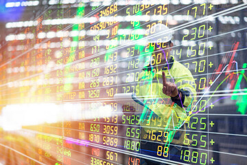 engineer real estate industry, investing stock market real estate. Stock financial index data of construction industry and property development business growth on construction site background image.