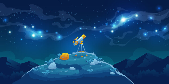 Telescope for science discovery, study astronomy, watching stars and planets in outer space. Vector cartoon landscape with telescope with tripod and backpack on hill, mountains and night starry sky