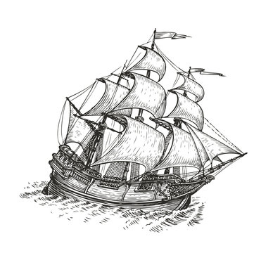 Ship drawn sketch. Vintage vector illustration isolated on white background