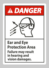 Fototapeta na wymiar Danger Sign Ear And Eye Protection Area, Failure May Result In Hearing And Vision Damages