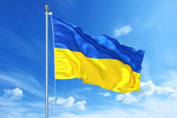 Ukraine flag waving on a high quality blue cloudy sky, 3d illustration