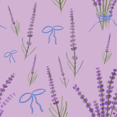 Watercolor lavender seamless pattern with blue bows and ribbon on purple background. print, linen, bedding, packaging, wallpaper, textile, kitchen, utensil design