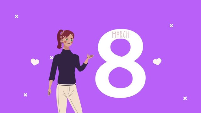 happy womens day card with cute lady and number 8