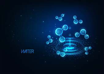 Fototapeta premium Futuristic cosmetology research banner concept with glowing low polygonal water molecules and puddle