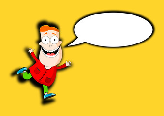Cheerful man.Isolated cheerful man with a empty comic bubble jumps.