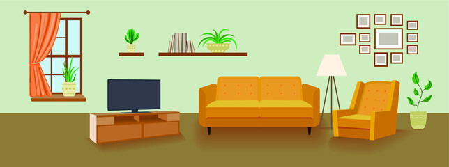 Vector Living Room Background, Interior Cartoon Illustration, Background Template, Sofa, TV, Window and Chair.
