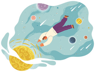 A man flying in space vector flat illustration with planets and stars cartoon cosmic scene. Male character holding planet with dream universe. Person flies in blue sky space. Abstract style people