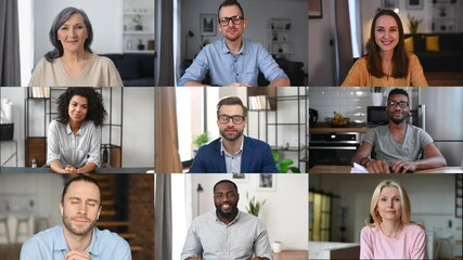 Group of diverse people on the screen has video meeting, nine multiracial colleagues talking together online, video conference, virtual connection. The leader is talking, the rest people is listening - Powered by Adobe