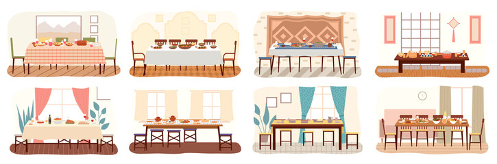 Set of dining room design flat vector. Dining table with food and chairs nearby. Furniture model for interior of a room for dinner eating and spending time. Arrangement of furniture at home for lunch