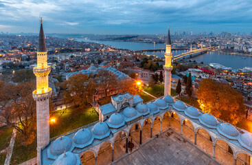 Suleymaniye Mosque dome and Istanbul at background night view in Istanbul