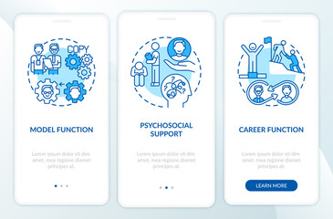 Functions of mentor onboarding mobile app page screen with concepts. Improving job skills. Career in company walkthrough 3 steps graphic instructions. UI vector template with RGB color illustrations