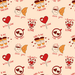 Vector abstract seamless background with hearts, coffee, croissant. lollipop and and letters for Valentines day. Great for paper, card, wallpaper, banner, fabric, interior. Cute handdrawn illustration