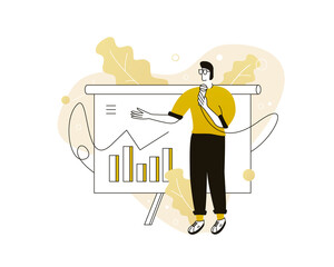 A man gives a presentation at a business meeting or conference. Reporting and analysis, forecasting and planning.
