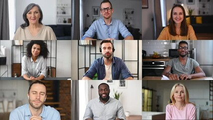 Online webinar concept. Video chat of several diverse people. Splash video screen with a group of multiracial employees, brainstorm online