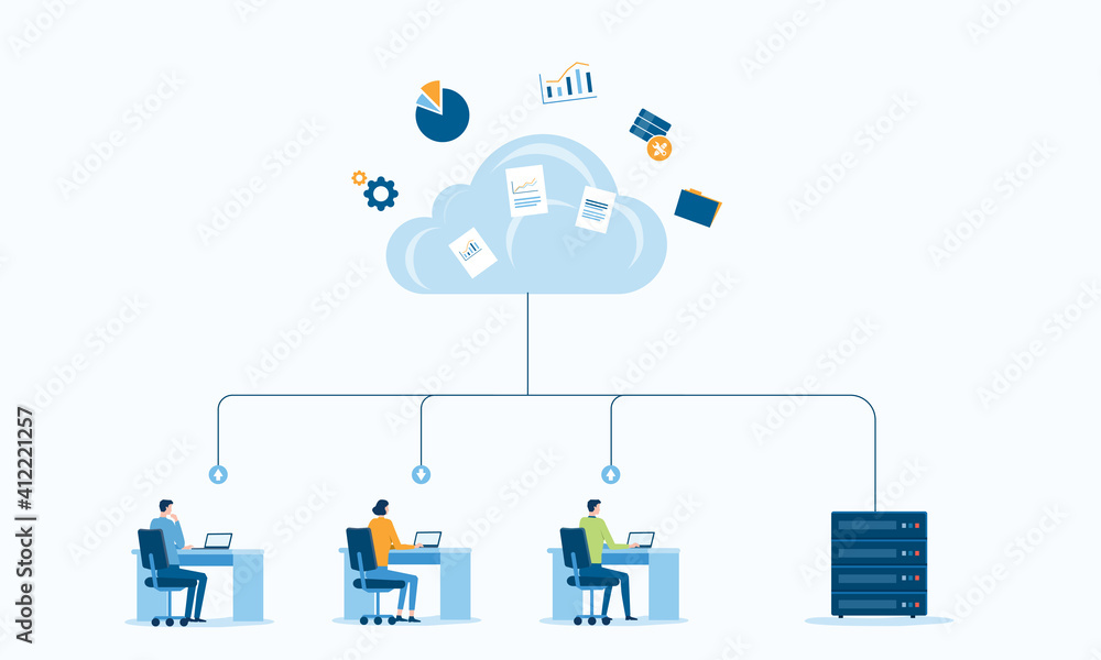 Leinwandbilder business technology storage cloud computing service concept with administrator and developer team working on cloud.Flat vector illustration design.