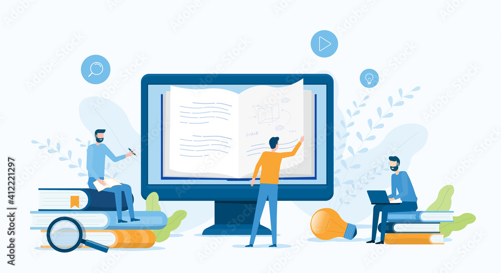 Poster online education and e-learning at home with online video training concept. people use computer for 