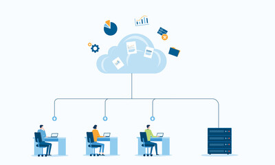 business technology storage cloud computing service concept with administrator and developer team working on cloud.Flat vector illustration design.