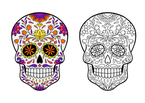 sugar skull coloring page, and an example of coloring
