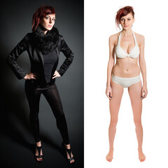 Two full length portraits of a beautiful young woman wearing black clothes and a white bikini in front of dark and bright studio background