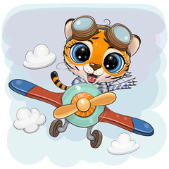 Cartoon Tiger is flying on a plane