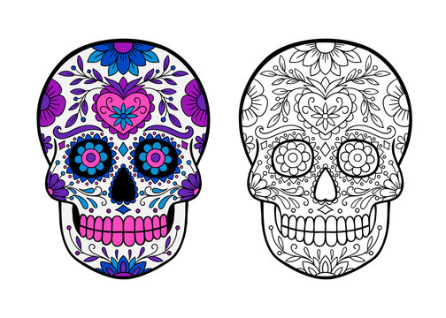 Sugar skull - coloring book page with coloring example.