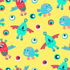 Seamless pattern with hand drawn funny monsters. Cheerful wallpaper for children, background for kids stationery