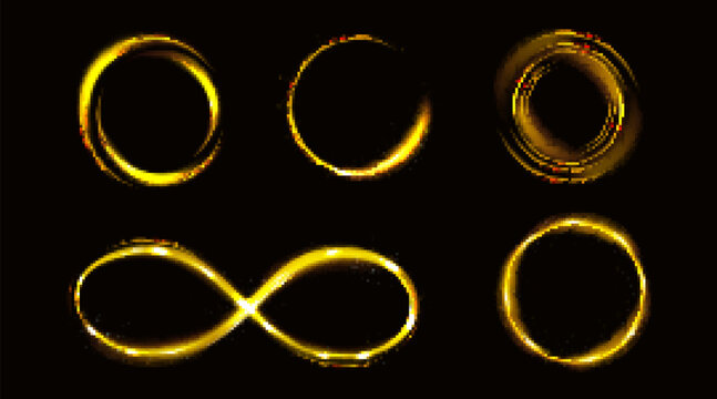 Glow gold infinity symbol and circles with sparkles, golden frames, shiny borders with glitter or fairy dust, glowing rings, isolated fantasy design elements, Realistic 3d vector illustration, set