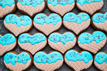 Valentine's day cookies background, top view 