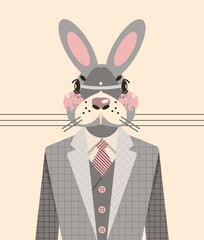 Trendy print, postcard with a stylish rabbit gentleman in a fashionable formal suit. Vector illustration