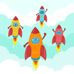 Cartoon rockets in clouds illustration for start up new business