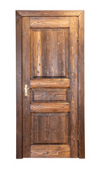Vintage brown wooden door. Isolated on white background. Outside. Handiwork.